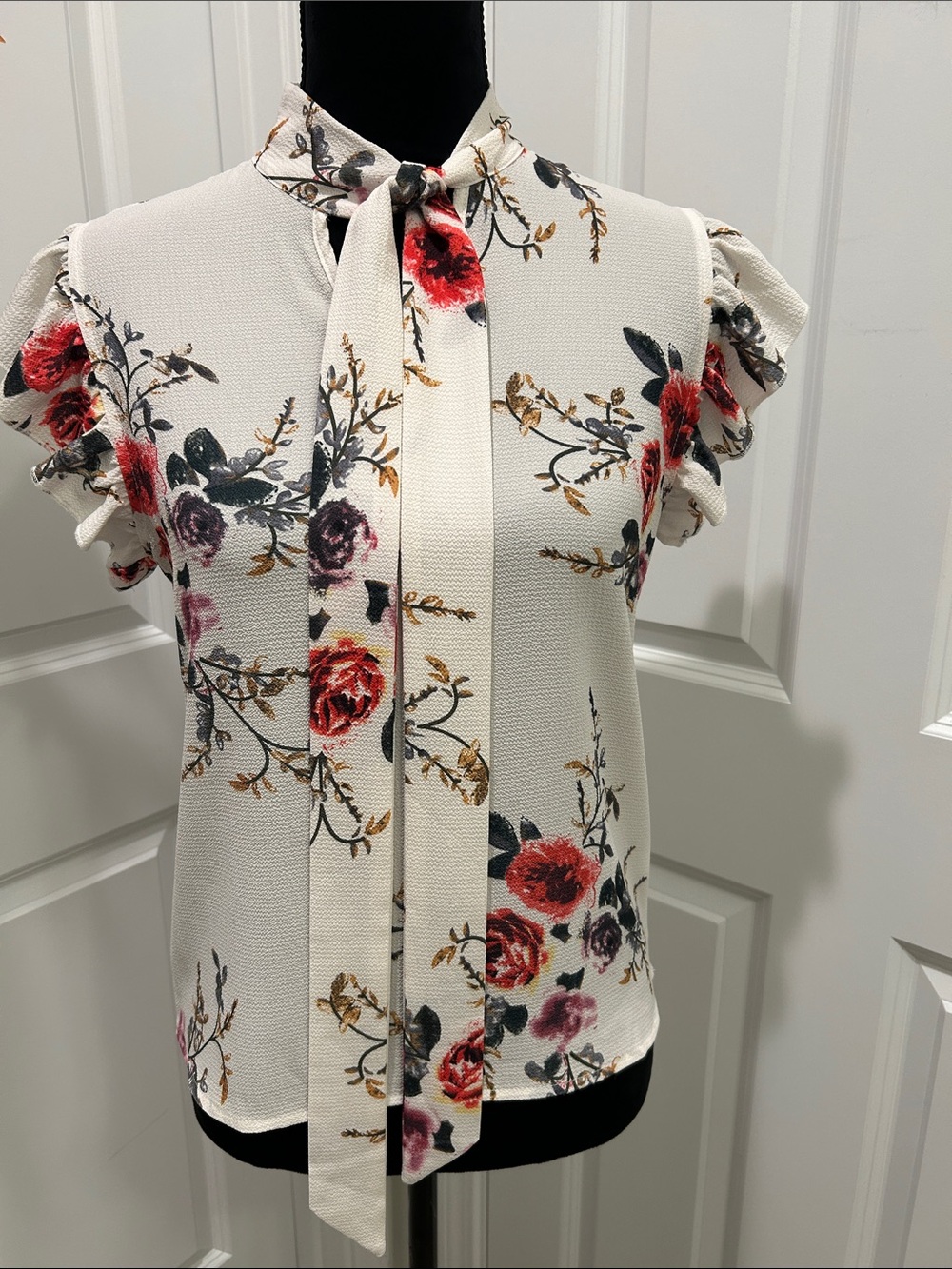 Floral Tie-Neck Ruffle Sleeve Blouse - Cream with Red Floral